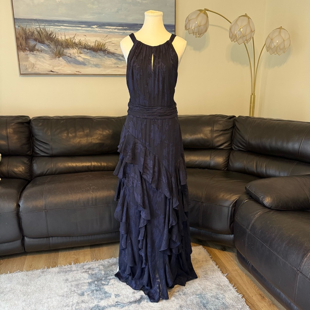 XSCAPE Navy Blue Ruffle Maxi Dress Size 14 Metallic Shimmer Evening Gown Formal